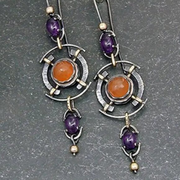 Beautiful Handcrafted Long Silver Electro-Plated Drop Earrings -Synthetic Stones - Picture 1 of 2